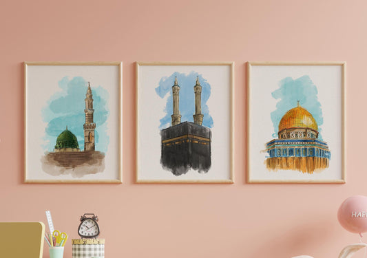 Watercolor Islamic wall art set featuring Kaaba, Masjid Nabawi, and Al Aqsa in neutral frame, printable for Muslim home decor.