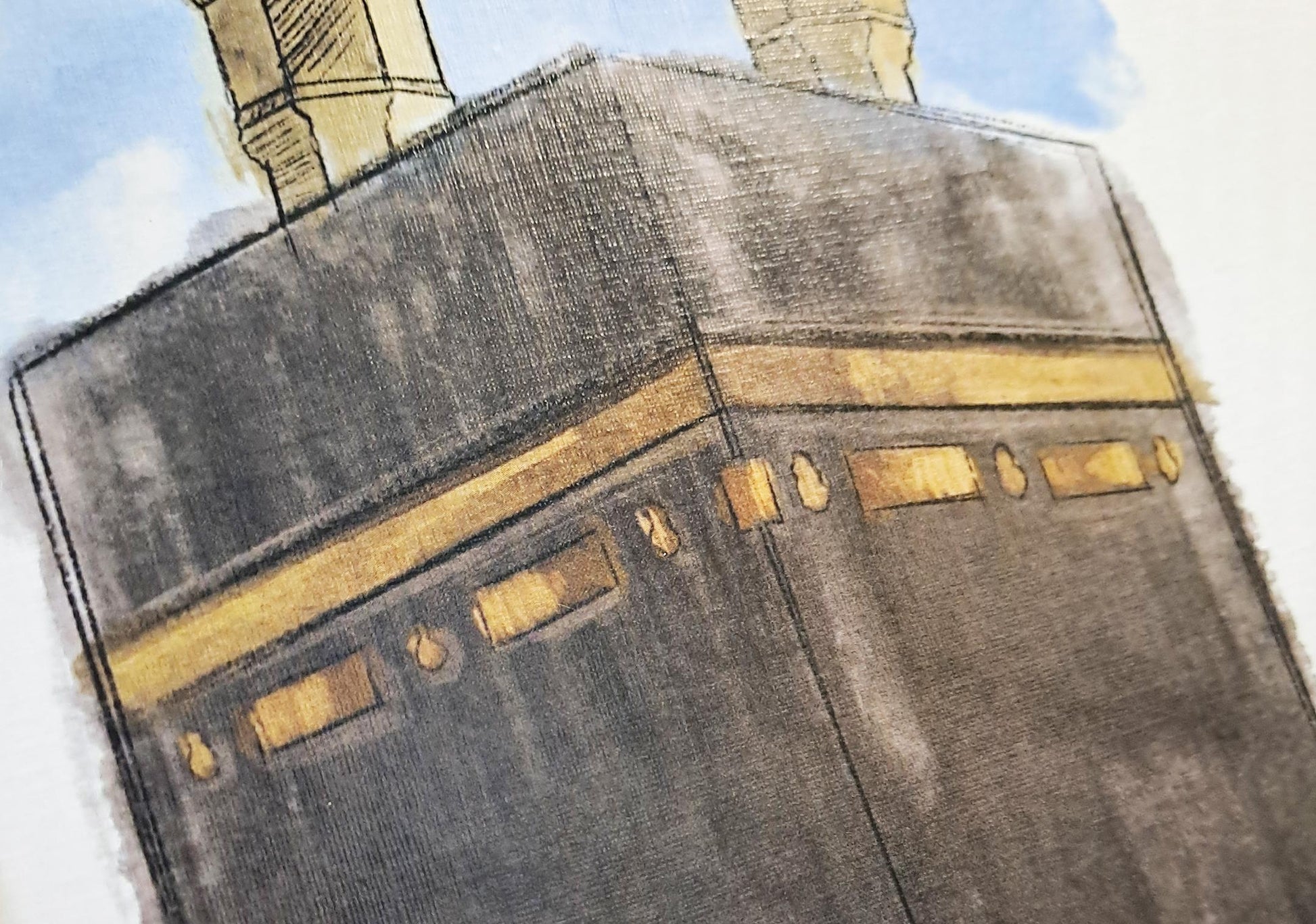 Blended color transition between Kaaba and sky in watercolor print, digital Islamic art detail
