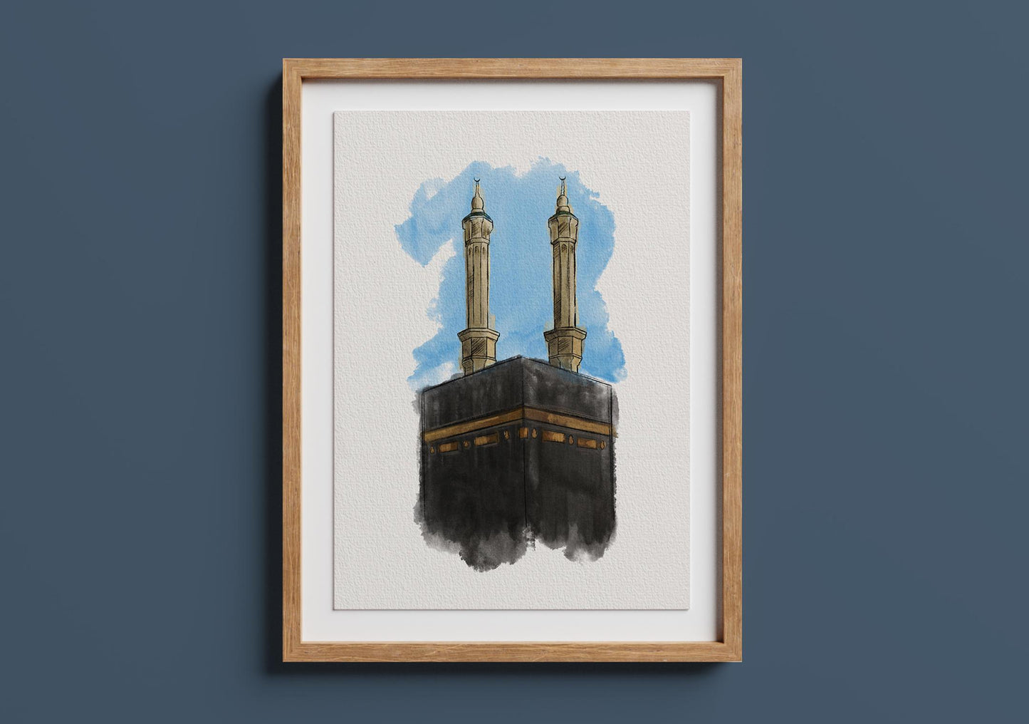 Printable watercolor art of the Kaaba in Makkah with soft tones, Islamic wall decor for modern Muslim homes.