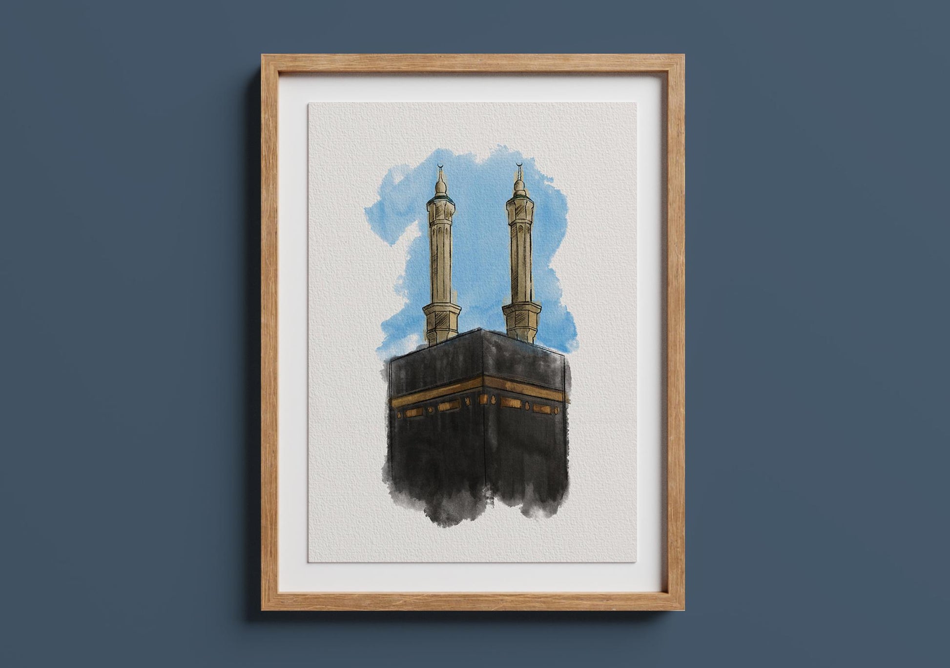 Printable watercolor art of the Kaaba in Makkah with soft tones, Islamic wall decor for modern Muslim homes.