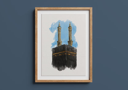 Printable watercolor art of the Kaaba in Makkah with soft tones, Islamic wall decor for modern Muslim homes.
