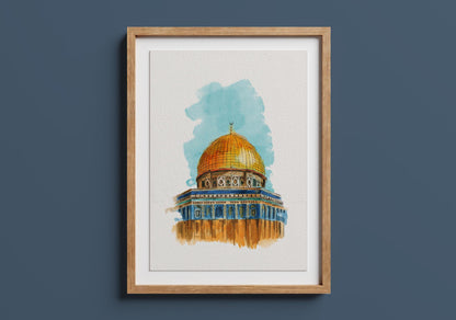 Framed Dome of the Rock watercolor artwork hanging on wall, printable Islamic digital art