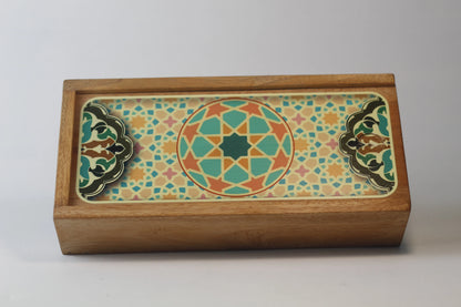 front view of Dutch teak sliding lid calligraphy tool storage box