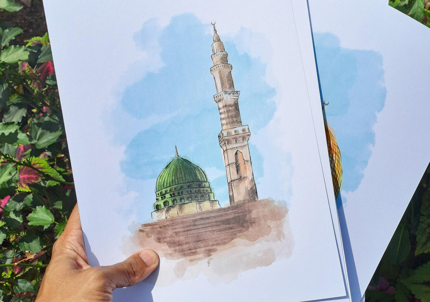 Printed Green Dome watercolor artwork of Masjid Nabawi being held, high-resolution Islamic digital art